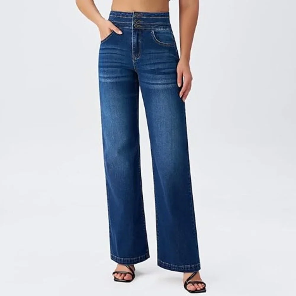 ROSWEAR Women's Wide Leg Jeans Casual High Waisted Stretch Sz: M Blue
